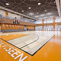 Basketball Court Interior With Polished Wooden Floor Orange Accents Ceiling Lights Windows and Gray Bleachers