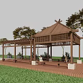 Garden Landscape Design with Wooden Pergola Pavilion Trees Wooden Deck Green Plants and Seats