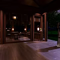 Traditional Chinese Courtyard Interior With Wooden Table Stools Lantern Green Plants And Decorative Figure