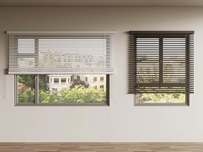 White and Dark Window Blinds in Indoor Room with Outside Building and Green Trees View 3d model