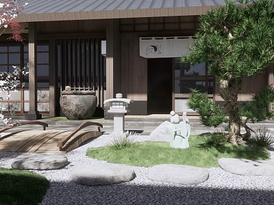 Traditional Japanese Courtyard Garden with Wooden Bridge Stone Lantern Green Statues and Stones 3d model