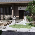 Traditional Japanese Courtyard Garden with Wooden Bridge Stone Lantern Green Statues and Stones