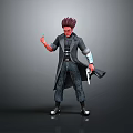 Man with red hair and red skin wearing black long coat gray pants silver boots holding gun in right hand green object in left hand gray background