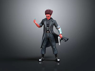 Man with red hair and red skin wearing black long coat gray pants silver boots holding gun in right hand green object in left hand gray background 3d model