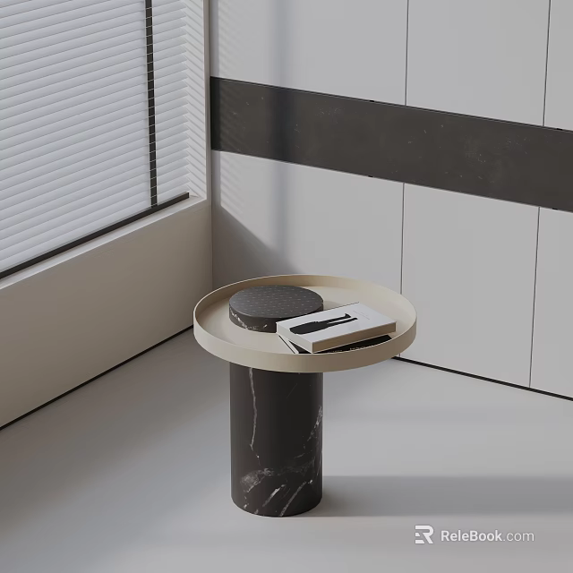 Modern Round Side Table with Black Cushion White Book on Top and Black Marble Base 3d model 