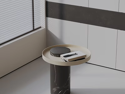 Modern Round Side Table with Black Cushion White Book on Top and Black Marble Base 3d model