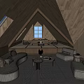 Cozy Attic Space With Wooden Sloped Ceiling Skylight Window Sofa Table And Vase