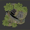 Cartoon Scene Featuring Green House Trees Stone Wall Small Shed And Garden Area