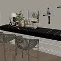 Modern Interior Black Marble Bar Counter With Woven Stools Decorative Plants And Wall Shelves