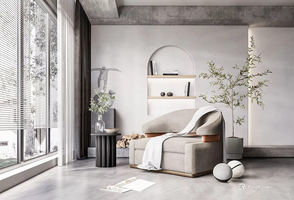 Modern Single Sofa With Cozy Blanket Near Window And Green Plant In Room 3d model 