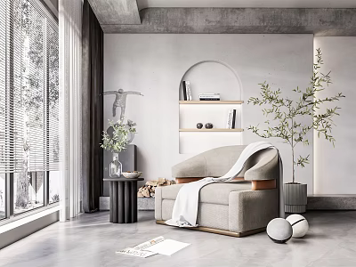 Modern Single Sofa With Cozy Blanket Near Window And Green Plant In Room 3d model