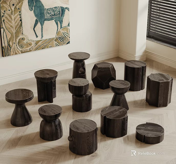 Multiple Dark Wooden Stools With Various Designs In A Room 3d model