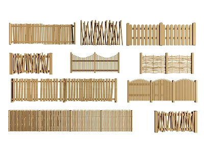 Various Wooden Garden Fence Designs With Decorative Picket And Woven Styles 3d model