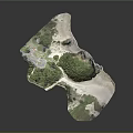 Lush Garden Landscape With Green Hills Trees Winding Paths Rocks And Sandy Shores