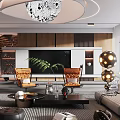 Modern Living Room Interior With Round Ceiling Light Sofa Chairs And TV Wall