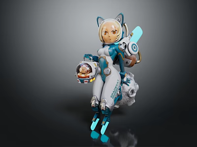 Game Character With Cat Ears Blue White Outfit Mechanical Legs And Energy Tool 3d model