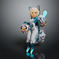Game Character With Cat Ears Blue White Outfit Mechanical Legs And Energy Tool