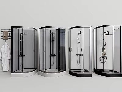 Four Different Styles of Shower Sauna Cabins with White Bathrobe and Towel Rack 3d model