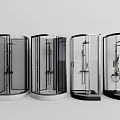 Four Different Styles of Shower Sauna Cabins with White Bathrobe and Towel Rack