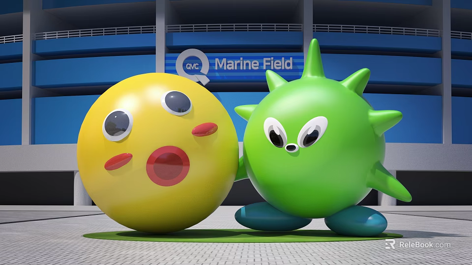 Yellow Round Cartoon Character and Green Spiky Figure at Marine Field Building Front 3d model 