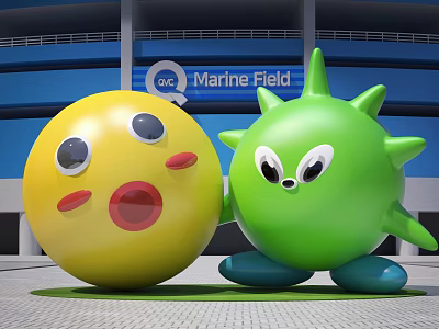 Yellow Round Cartoon Character and Green Spiky Figure at Marine Field Building Front 3d model