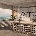 Concrete Interior Coffee Shop With Seascape Painting Palm Tree Bar Counter And High Stools