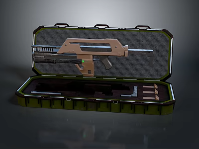 Modern Tactical Weapon Stored in Open Green Hard Case With Accessories and Components 3d model