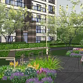 Stylish Landscape Seats In Garden With Modern Apartment Building Green Plants Lawn And Pathway
