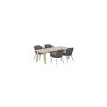 Modern Table And Chair Set With Light Wood Table Wicker Chairs And Gray Fabric Cushions
