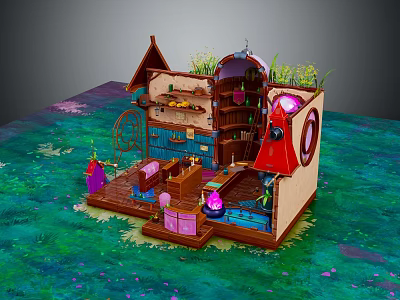 Cartoon Scene of Small Multi Level House with Colorful Furniture Green Plants and Interior Decorations 3d model