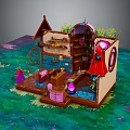 Cartoon Scene of Small Multi Level House with Colorful Furniture Green Plants and Interior Decorations