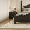 Classic Bedroom Interior With Black Four Poster Bed Crystal Chandelier Decorative Paneling And Window Greenery