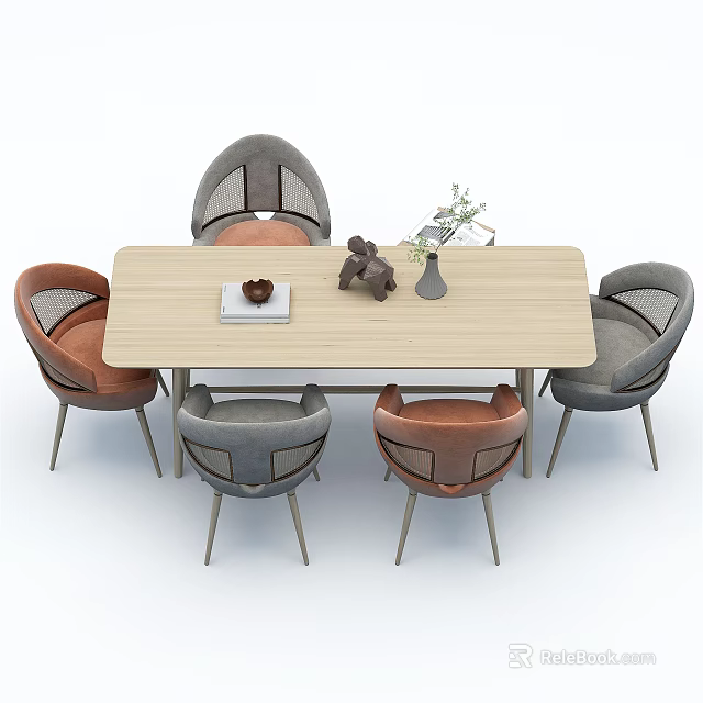 Rectangular Light Wood Dining Table Set With Gray And Orange Chairs And Decorative Items 3d model