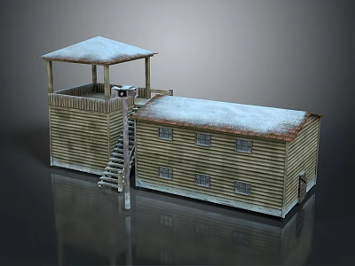Wooden House With Snow Covered Roof And Observation Deck With Stairs 3d model