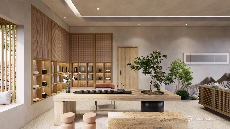 Hotel Lobby Interior With Wooden Table Bookshelves Green Plants And Tea Set 3d model 