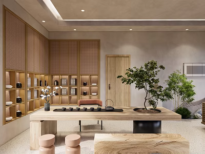 Hotel Lobby Interior With Wooden Table Bookshelves Green Plants And Tea Set 3d model