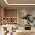 Hotel Lobby Interior With Wooden Table Bookshelves Green Plants And Tea Set