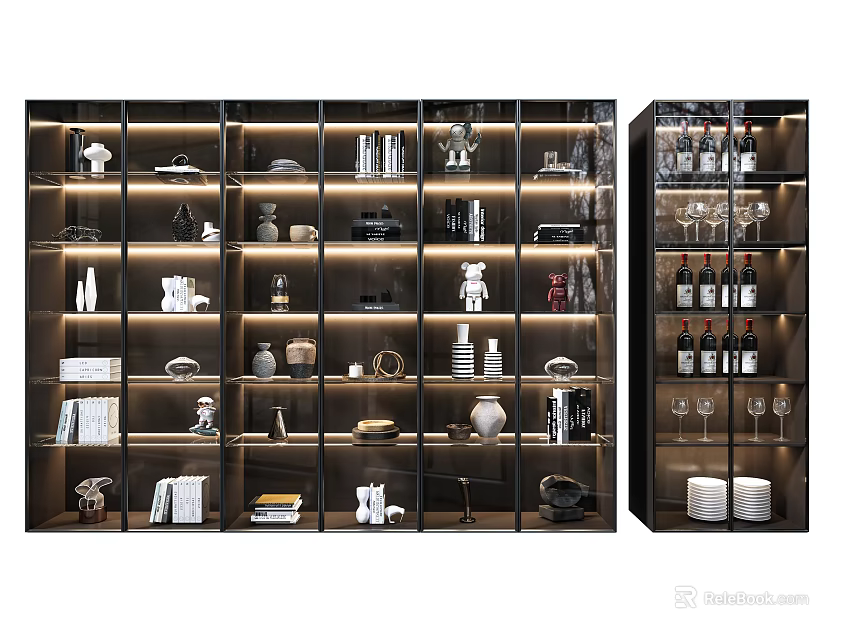 Modern Glass Door Wine Cabinet With Shelves Bottles Glasses And Decorative Items 3d model 