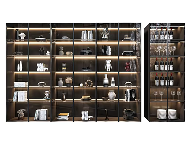 Modern Glass Door Wine Cabinet With Shelves Bottles Glasses And Decorative Items 3d model
