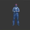 Worker In Blue Overalls Gray T-shirt Red Cap Knee Pads Standing Against Gray Background