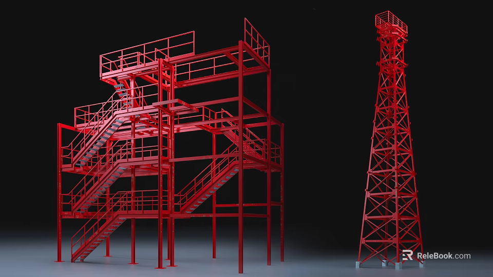 Industrial Red Metal Building Components With Staircases Platforms And Tower Structure 3d model 