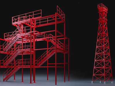Industrial Red Metal Building Components With Staircases Platforms And Tower Structure 3d model
