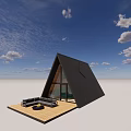 Modern Detached House With Triangular Roof Large Glass Windows And Wooden Deck Sofa Fire Pit