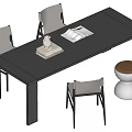 Gray Dining Table Set With Four Gray Chairs Vase Books And Brown Cushioned Silver Stool
