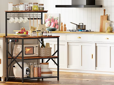 Metal Multilayer Kitchen Shelf With Cans Microwave Basket And Plates In Modern Kitchen 3d model