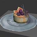 Delicious Cheesecake With Caramel Drizzle Fresh Fruits And Chocolate Sticks On Blue Plate