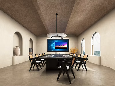Spacious Conference Room With Large Table Black Chairs Arched Windows And Wooden Ceiling 3d model