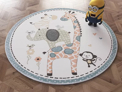 Round Children's Room Rug Featuring Cartoon Animal Prints Giraffe Elephant Monkey and Flower Accents 3d model