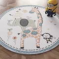 Round Children's Room Rug Featuring Cartoon Animal Prints Giraffe Elephant Monkey and Flower Accents