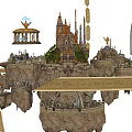 Cartoon Scene of Enchanted Castle with Spires Towers Hilltop Fountain Platform and Bridge